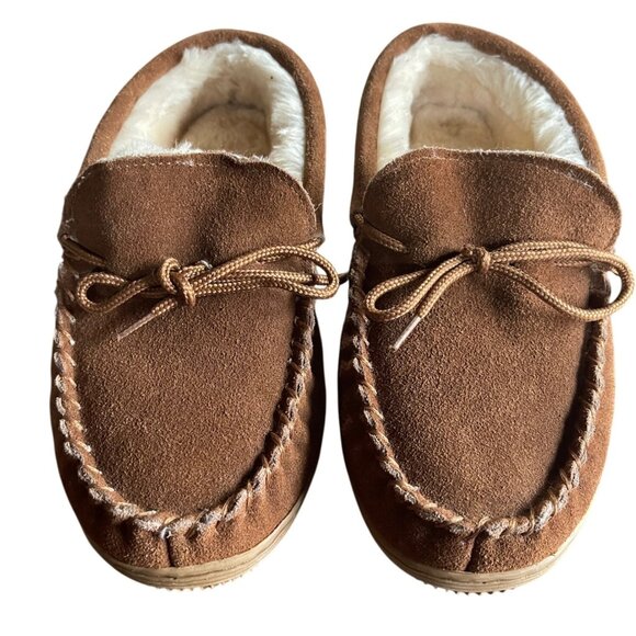 Lamo Lester Mocassin Chestnut Brown Suede Slippers Mens Size 8 Faux Fur Lined - Picture 2 of 10